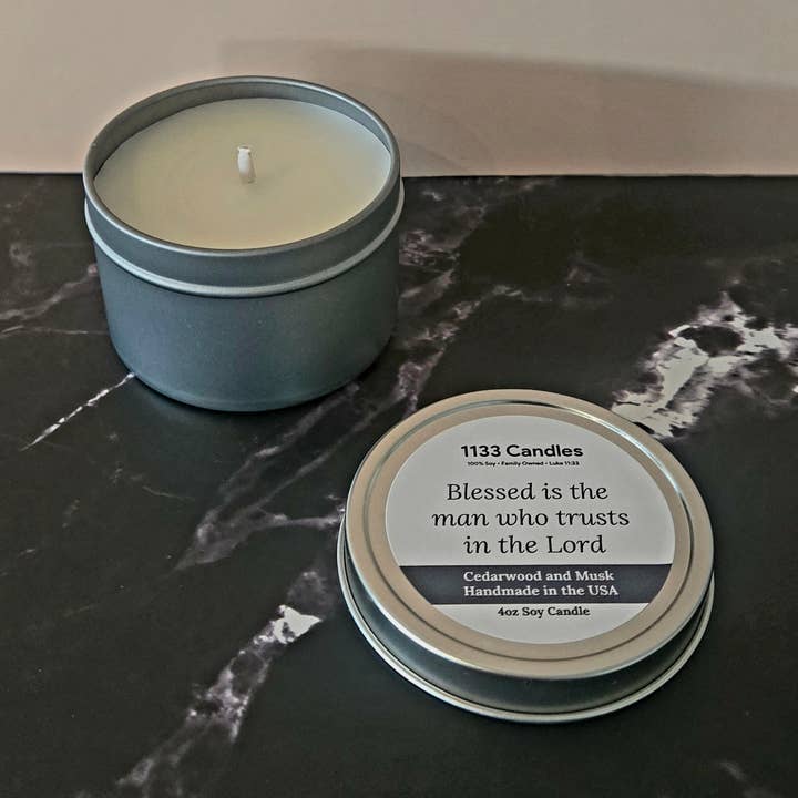 4oz Cedarwood and Musk Candle for men | Bible Verse Candle for wholesale by 1133 Candles