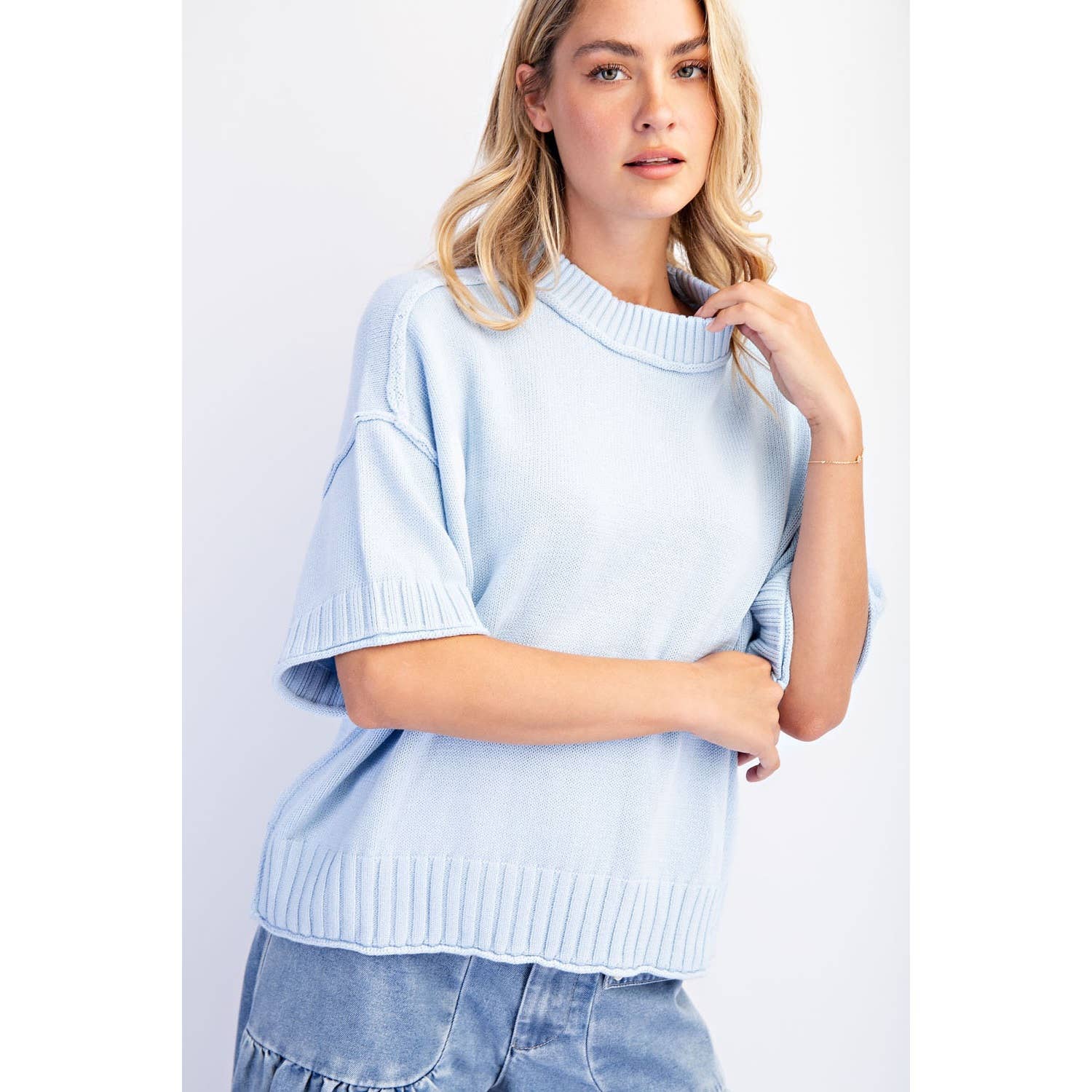 COTIERRA - Wholesale Knit Sweater - Women's - OVERSIZED CREWNECK SHORT SLEEVE SWEATER5