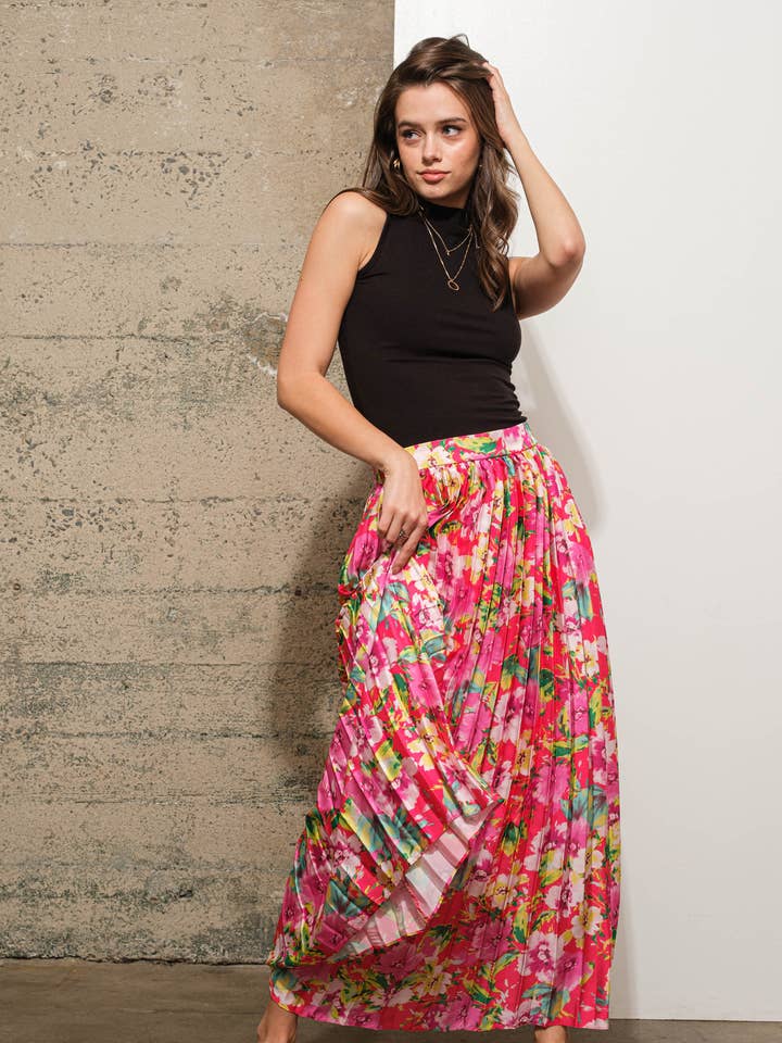 34956S - Saia Maxi de Rise Mid Rise Plissada Floral Acetinada por atacado de Blue B