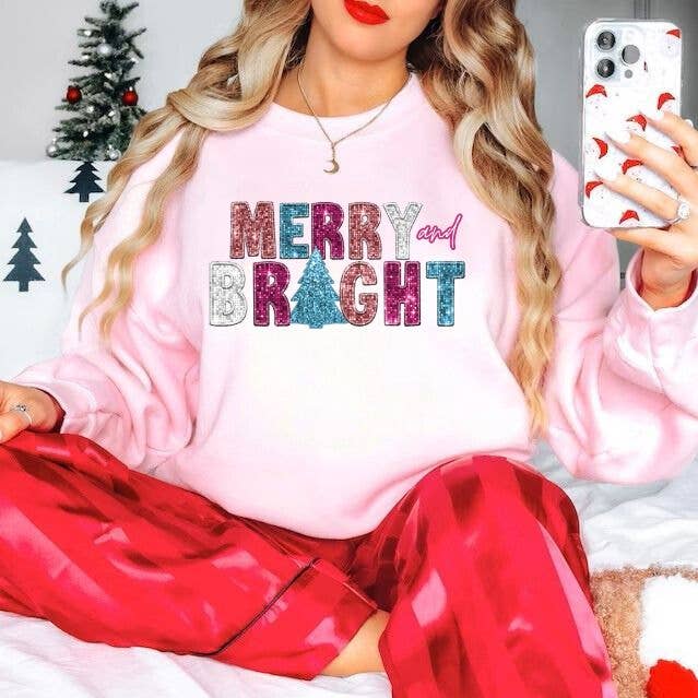 Nu Kustomz LLC - - Wholesale Graphic Sweatshirt - Women's - * MERRY AND BRIGHT* CHRISTMAS CREWNECK SWEATSHIRT*3