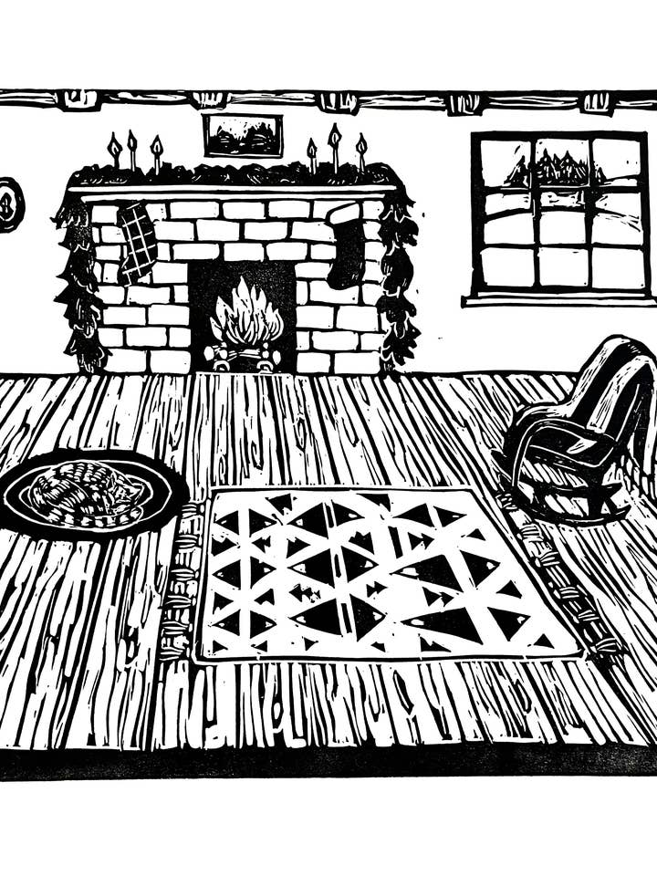 “By the Fire” 11x14 Hand Block Print for wholesale by Kelsi Cross Studios