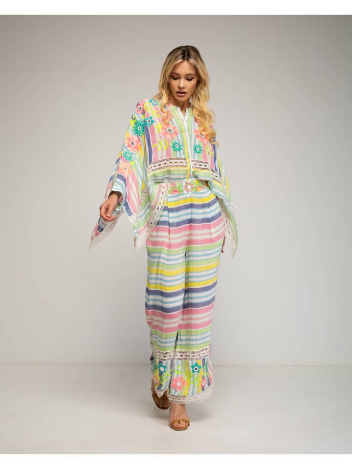 Ecru Striped blouse and pants set for wholesale on Faire