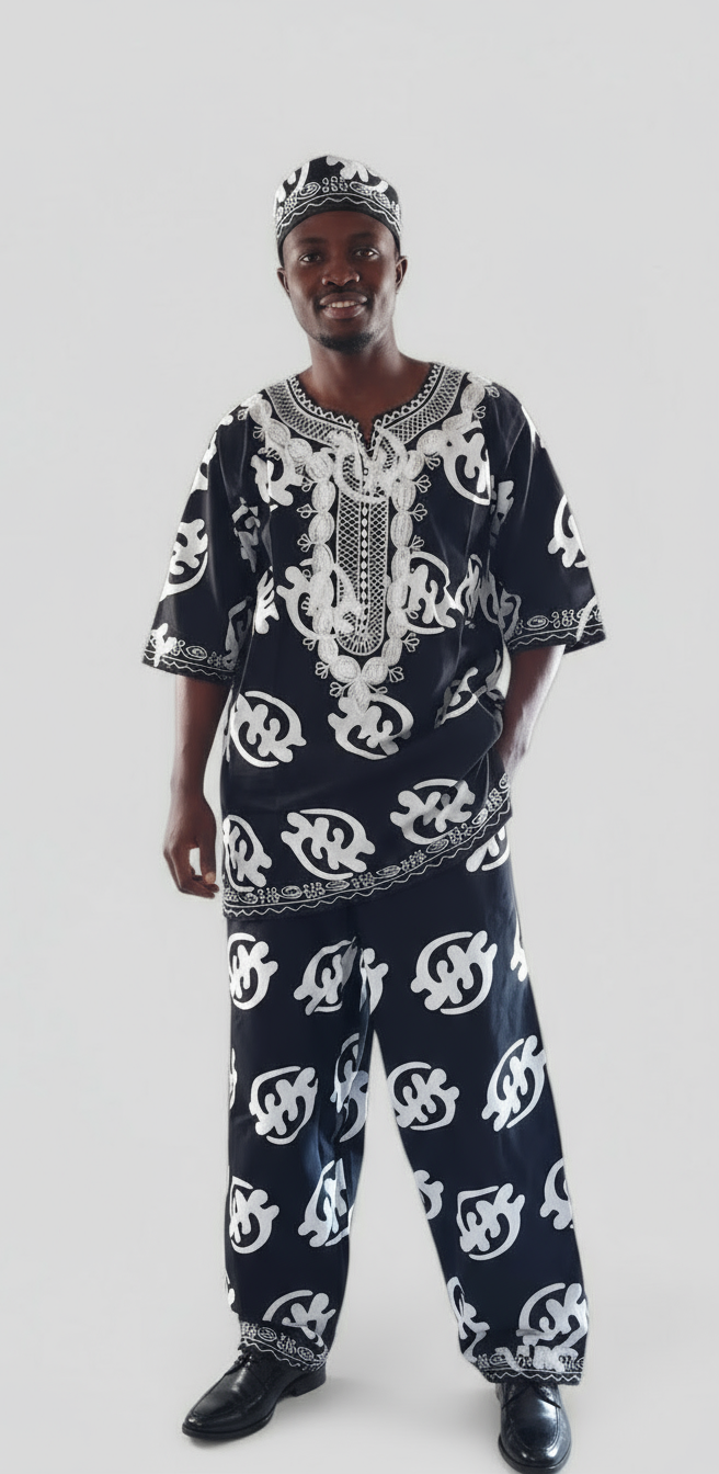 India Batik - Wholesale Top & Pant Set (NOT Loungewear) - Men's - Men's 3Pcs  Embroidery Set- Black Gynamee Print0