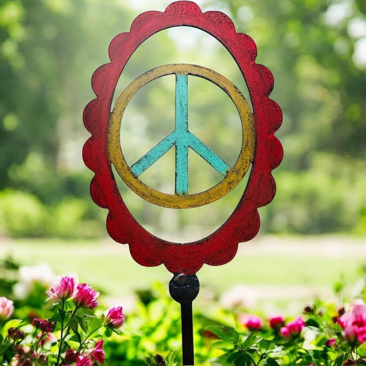 Whimsies – Engroshandel Have/havestolpe – Vintage Peace-tegn plænepæl metal plantepæl hippie sød6