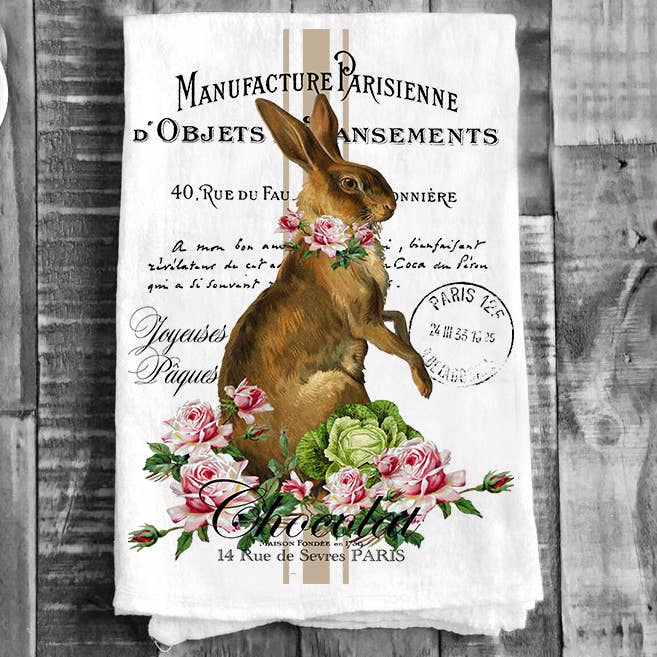 Easter French Easter Bunny Cotton Flour Sack Tea Towel for wholesale by Avery Lane Gifts