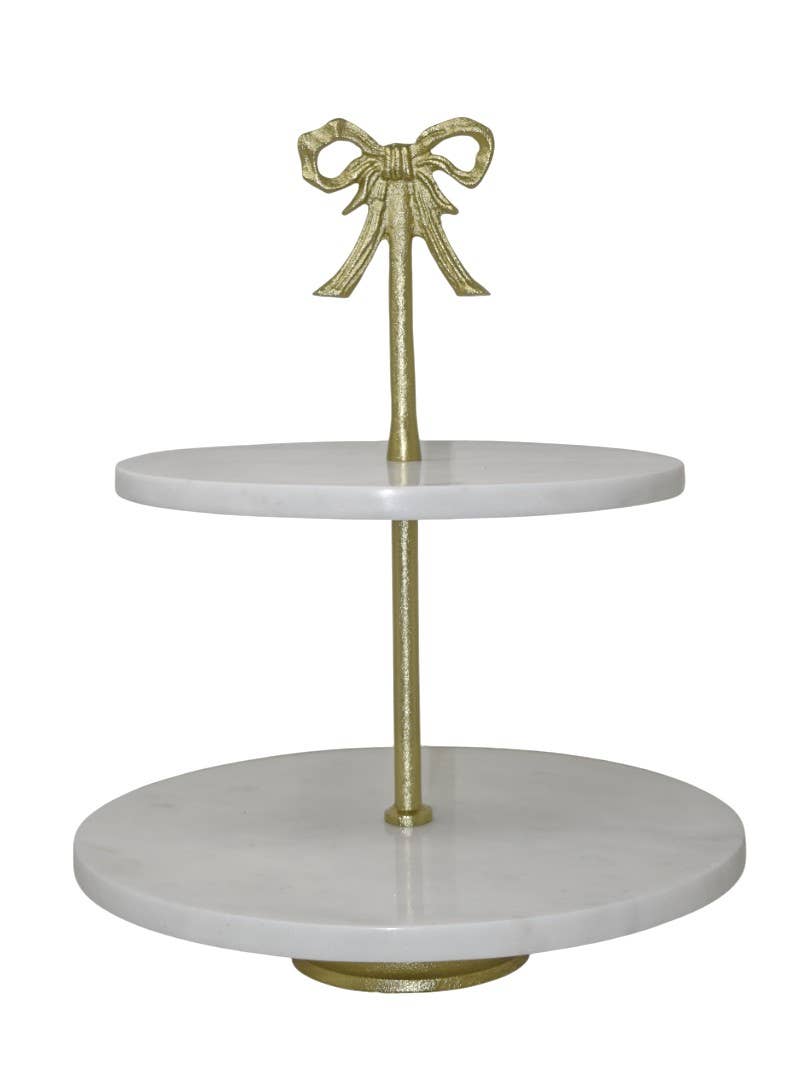 Vatican Homes - Wholesale Cake stand - 12X15" 2 TIER STAND WHITE MARBLE WITH BOW TOP0