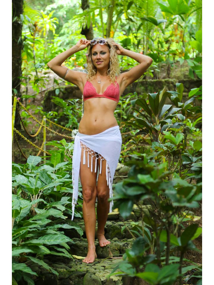 1 World Sarongs - Wholesale Swim Cover Up - Women's - Triangular Sheer Sarong with Fringed with Shells in White11