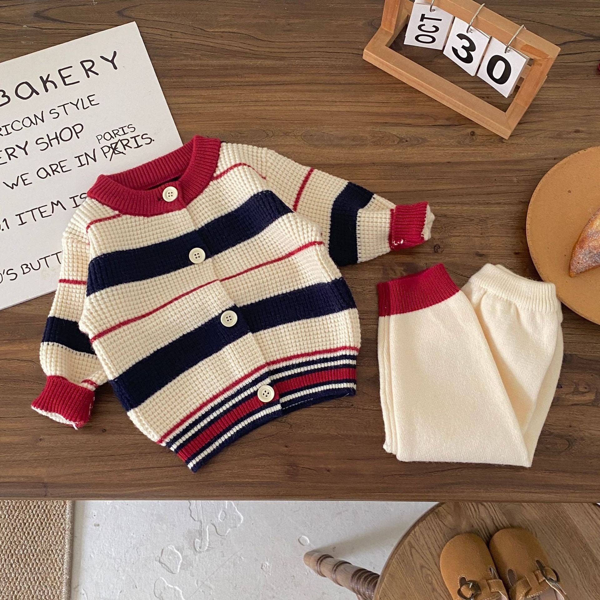 MyKids-USA® - Wholesale Clothing Set - Baby - Autumn and Winter New Arrival Baby Kids Unisex Long Sleeves Striped Pattern Crew Neck Knitted Cardigan and Pants Clothing Sets2