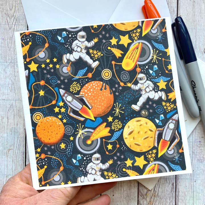 Space Pattern Birthday Card, Astronaut Greetings Card. for wholesale by Slumbermonkey Designs