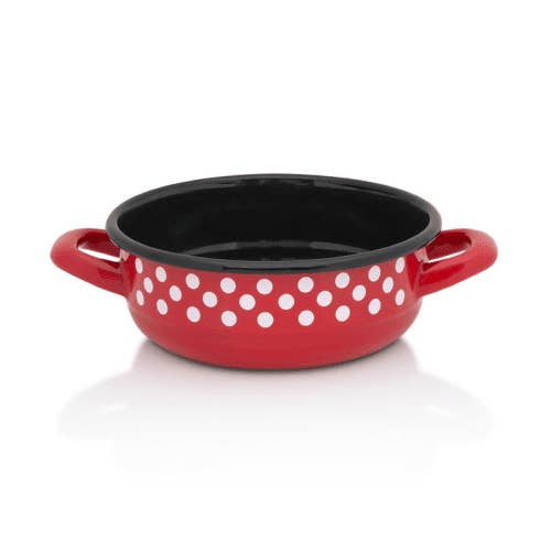 Enameled bowl with handles red, Dots On Red Collection for wholesale by Metalac Enamelware
