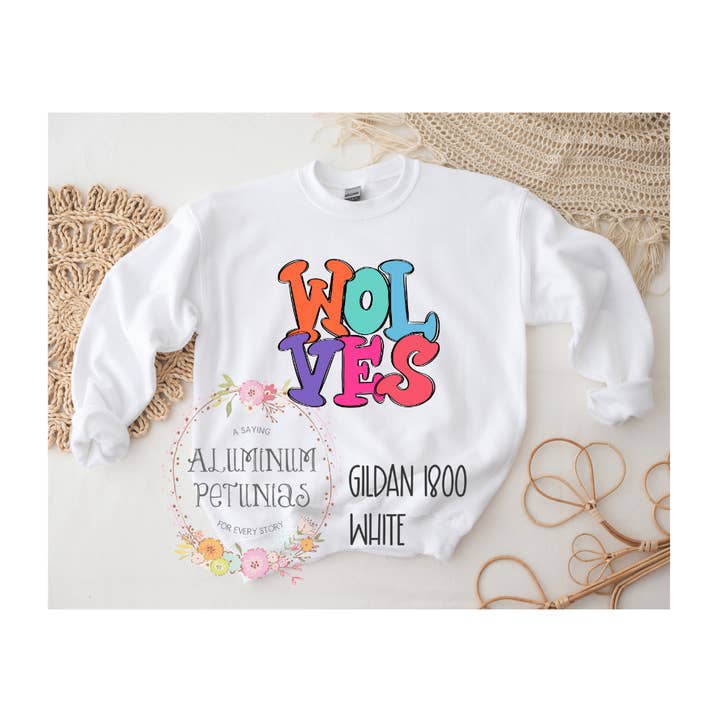 Wolves Mascot Gildan Sweatshirt/Jumping Jack Font for wholesale by Aluminum Petunias
