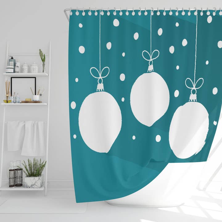 Green christmas baubles (shower curtain) for wholesale by Benjamin Tate Design