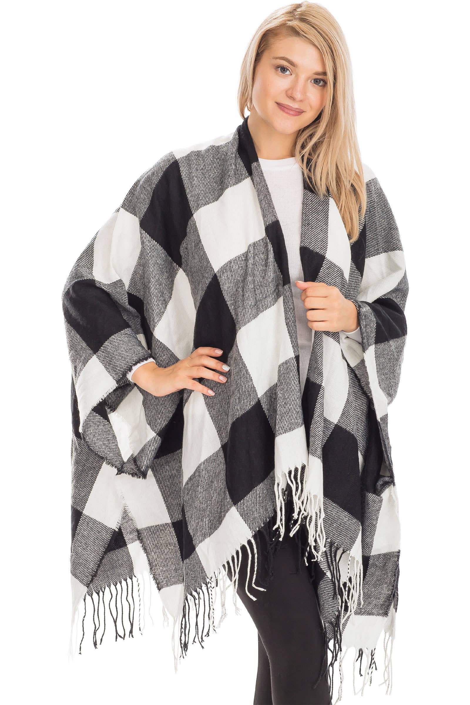 Cap Zone – wholesale Poncho – Women's – Classic Buffalo Check Plaid Ruana Poncho10