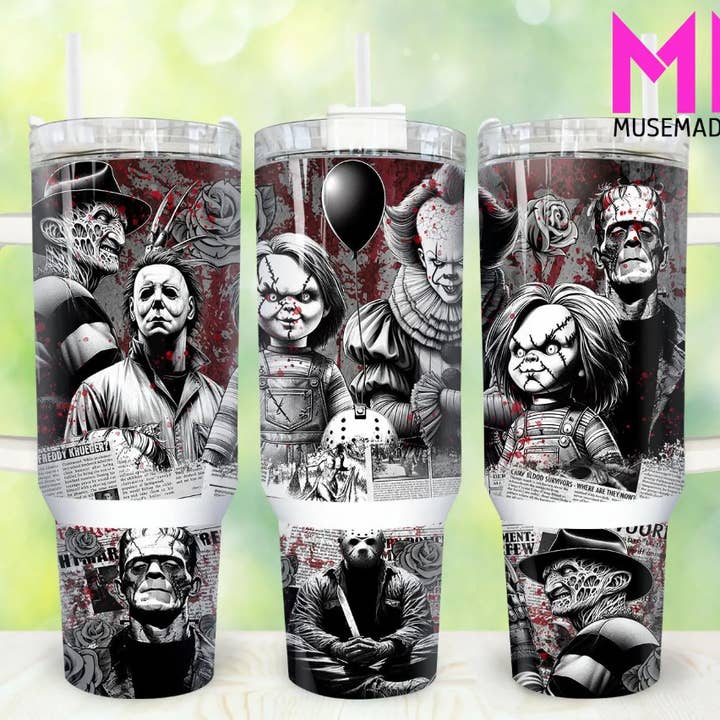 Black & White Horror 40oz Tumbler with Handle for wholesale by JAC Wholesale