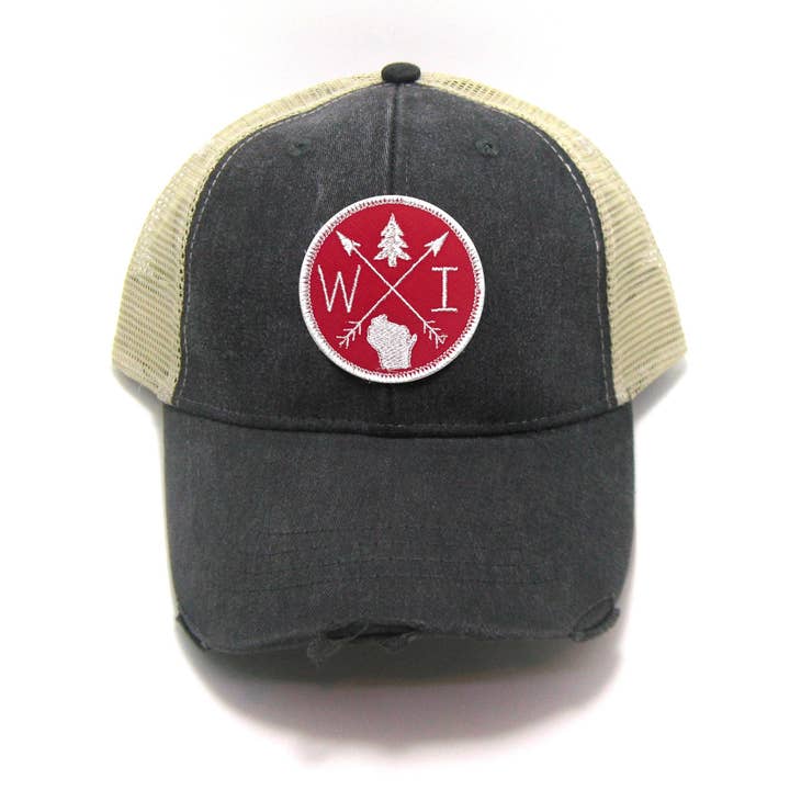 State Arrow Patch Trucker Hat - Black & Red - Customizable for wholesale by Gracie Designs