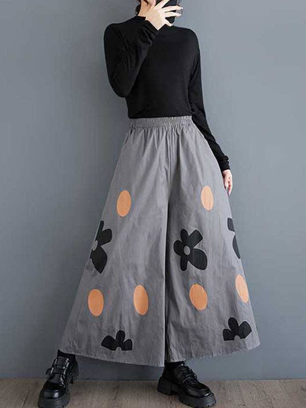 VividLux - Wholesale Pants - Women's - Loose Wide Leg Elasticity Flower Print Pockets Culotte Pants8