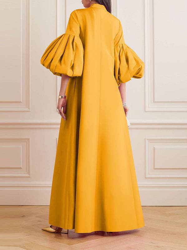 FurDecoration - Wholesale Dress - Women's - Flowy Floral Stand Collar Lantern Sleeve Maxi Dress16