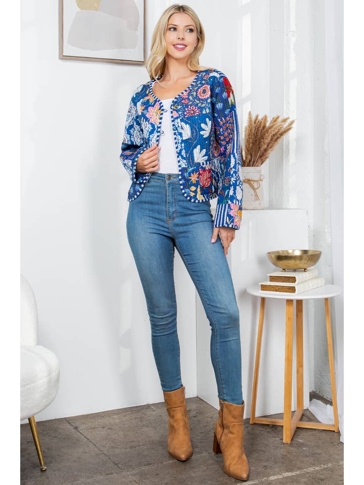 LA Soul - Wholesale Jacket - Women's - Floral Print Quilted Patch Cotton Jacket - Blue