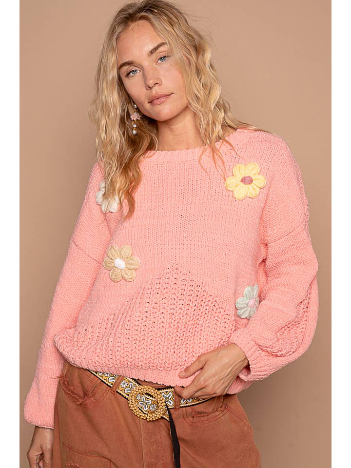 Pol Clothing - Wholesale Knit Sweater - Women's - Round neck balloon sleeve floral patches sweater SALE