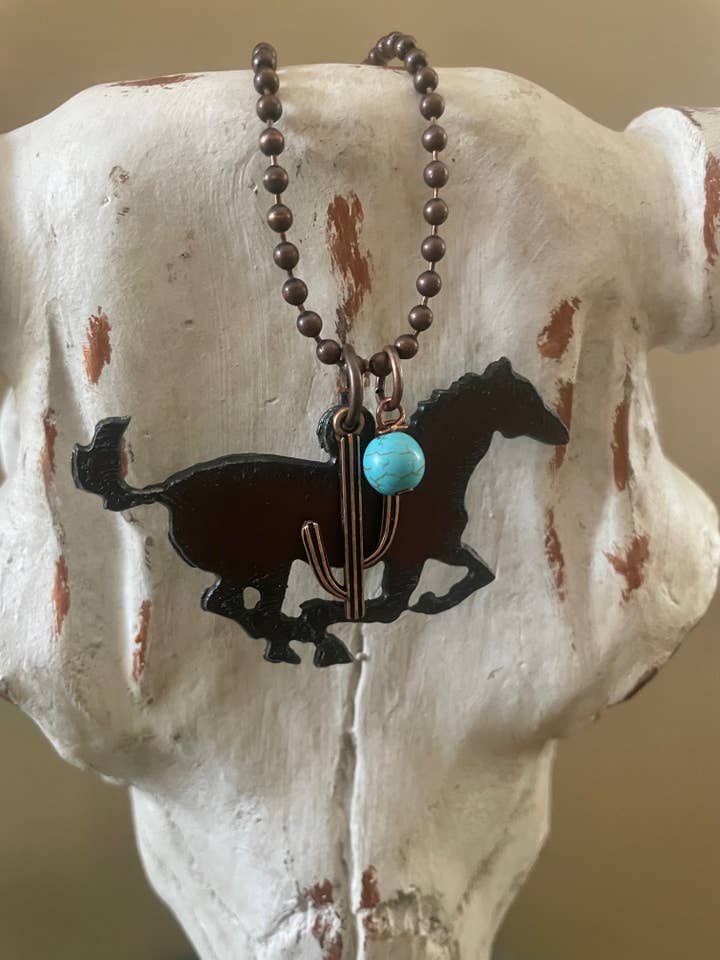 Rustic HORSE Necklace with copper cactus and turq bead for wholesale by The Rustic Barn