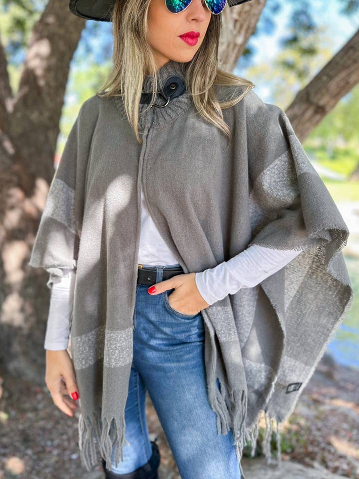 Elegant Grey Bold Border Knit Cape Poncho with Buckle Detail for wholesale by AMOLI