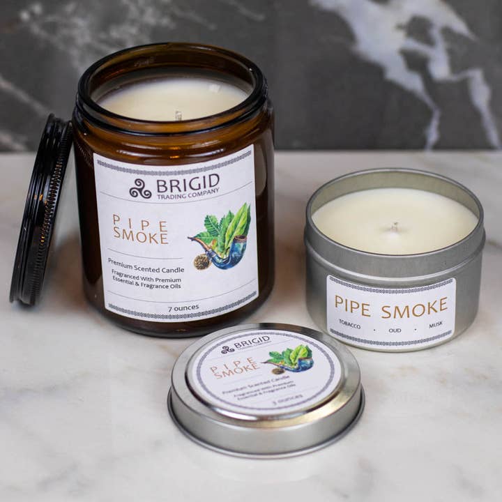 Pipe Smoke Soy Wax Candle - Cuban Tobacco, Smoked Oud, and Deep Resins for wholesale by Brigid Trading Company