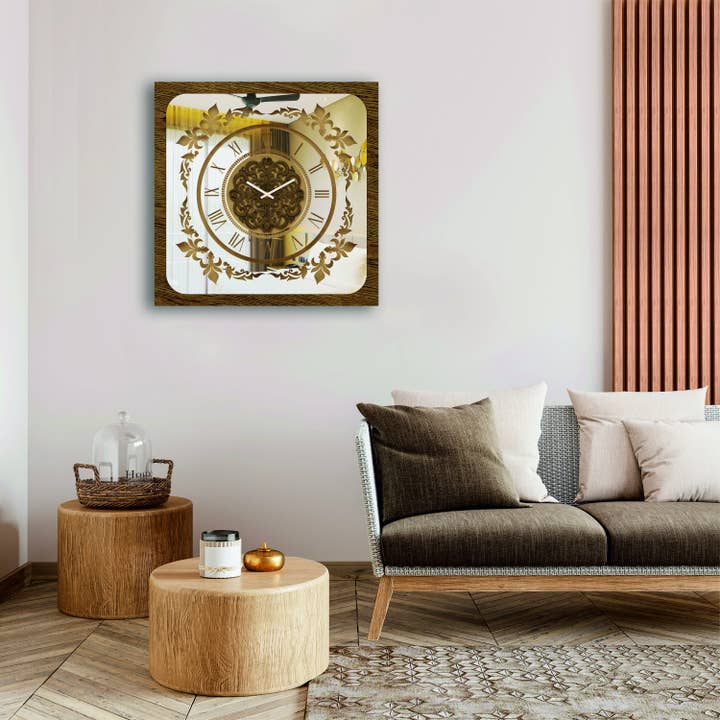 Wandklok Goud Vierkant Patina Gespiegeld Handgemaakt voor wholesale door Onn Studio By Merit Home