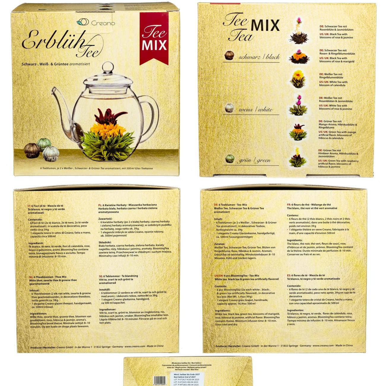 Creano – Conjunto de chá por atacado – Conjunto presente Creano com bule e flores de chá branco, verde e preto8