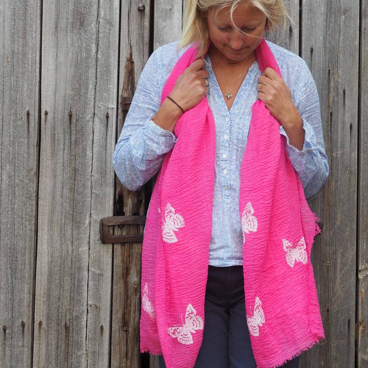 cariceprints… Hand printed linen mix scarf in Butterfly for wholesale by cariceprints…