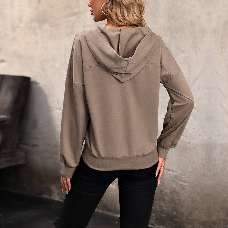 COFFEE Casual Solid Color Long Sleeve Button Hooded Sweatshirt for wholesale on Faire3