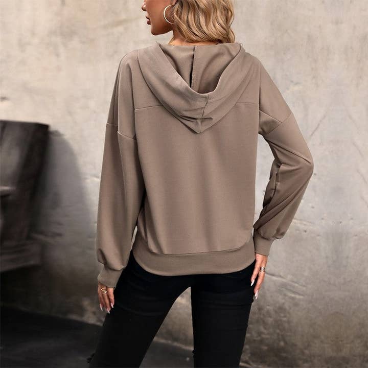 COFFEE Casual Solid Color Long Sleeve Button Hooded Sweatshirt for wholesale on Faire3