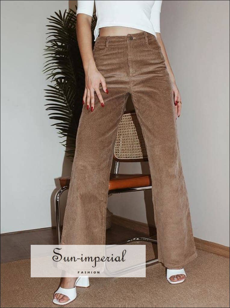 Sun Imperial - Vendita all'ingrosso Pantalone - Donna - Pantaloni donna marroni a vita alta in velluto a coste a gamba larga4