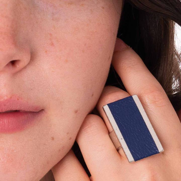 Adjustable Rectangle Ring With Leather Inlay Blue for wholesale by Sobo & Co Jewellery