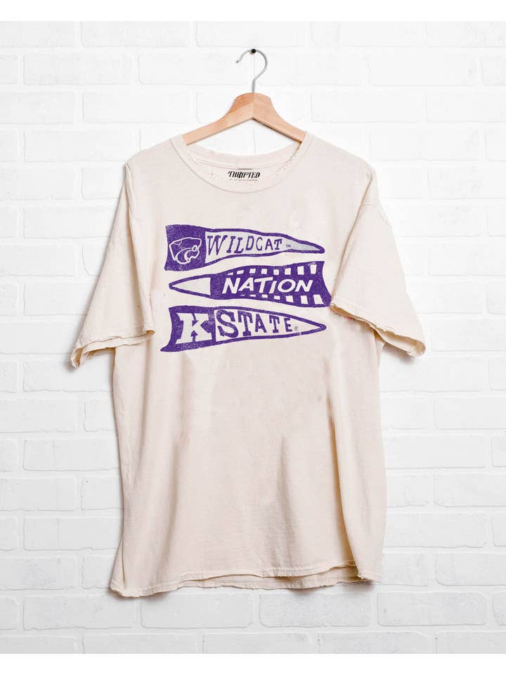 LivyLu - Wholesale Screen Printed T-Shirt - Unisex - Kansas State Wildcats Pennant Off White Thrifted Tee