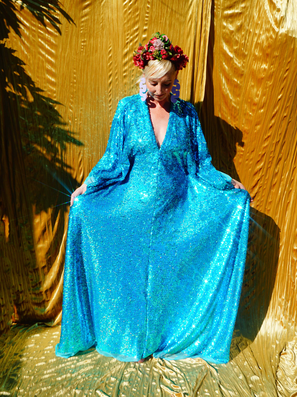 Fumbalinas – wholesale Kaftan – Women's – Turquoise Holographic Sequin Maxi Kaftan Gown / Kimono Robe2