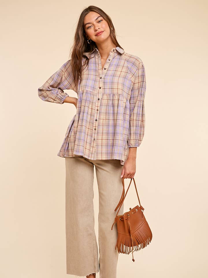In Loom - Wholesale Button Down Shirt - Women's - GARMENT WASHED PLAID BUTTON DOWN TUNIC