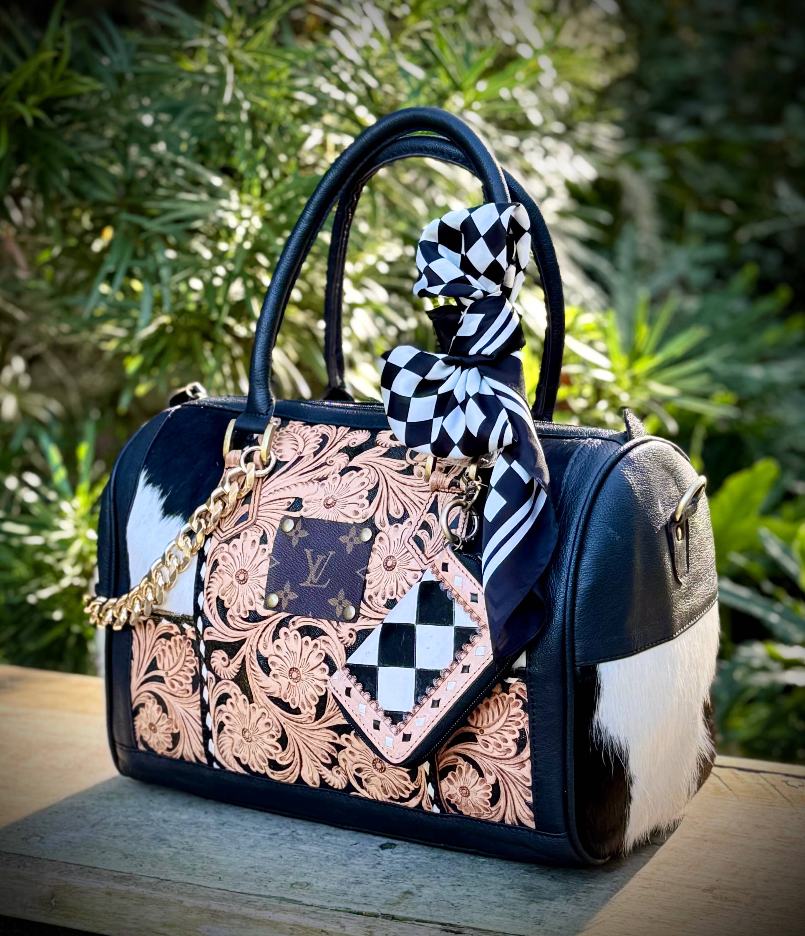 Southern Junkie Gypsy Boutique - Wholesale Crossbody Bag - Women's - Upcycled LV Tooled Leather Cowhide Speedy Crossbody Bag 0