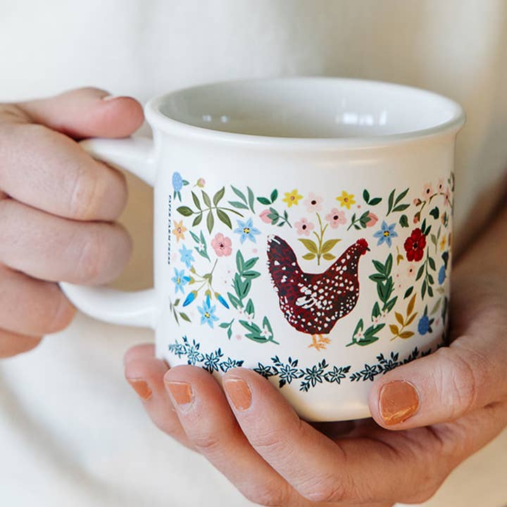 Chickens Folk Floral Mug for wholesale by Paper Farm Press