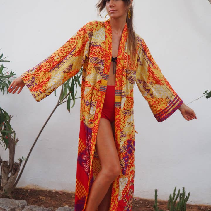 Vagabond Ibiza - Wholesale Kimono - Women's - The Kardash Kimono Long – Up-cycled Vintage Sari Kimono 1