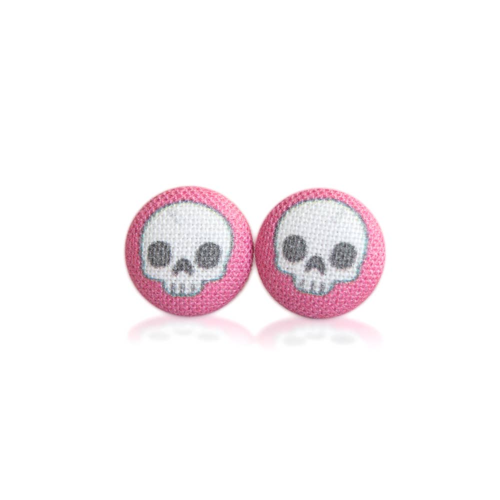 Rachel O's - Wholesale Stud/Post Earrings - Adorable Skulls in Hot Pink Fabric Button Earrings1