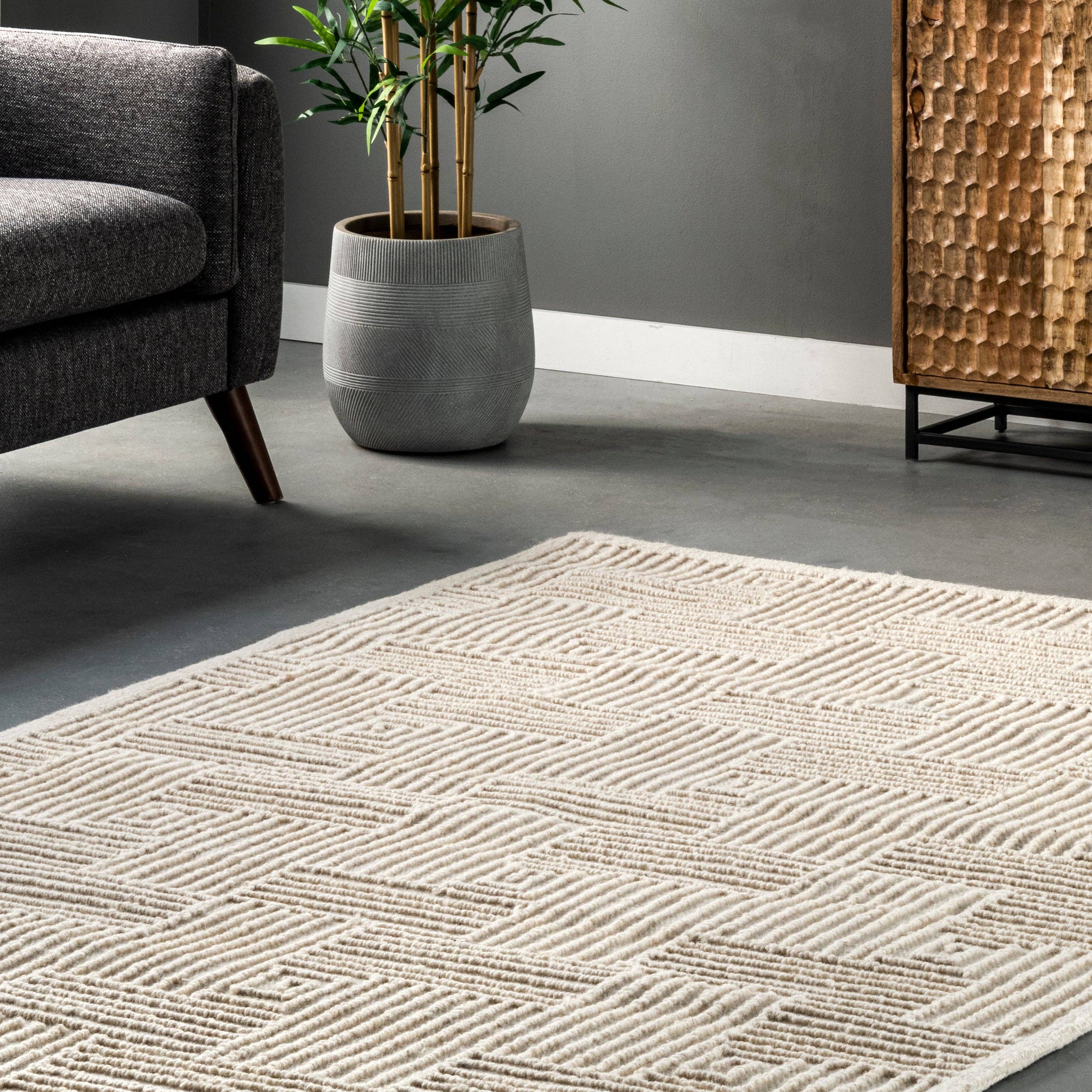 Ivory Mallory Hand Hooked Wool Geometric High Low Textured Area Rug for wholesale on Faire7