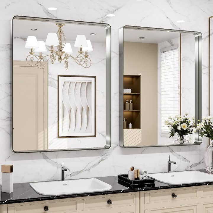 24 By 30 Inch Brushed Nickel Wall Mounted Bathroom Mirror Hangs Horizontally Or Vertically for wholesale on Faire2