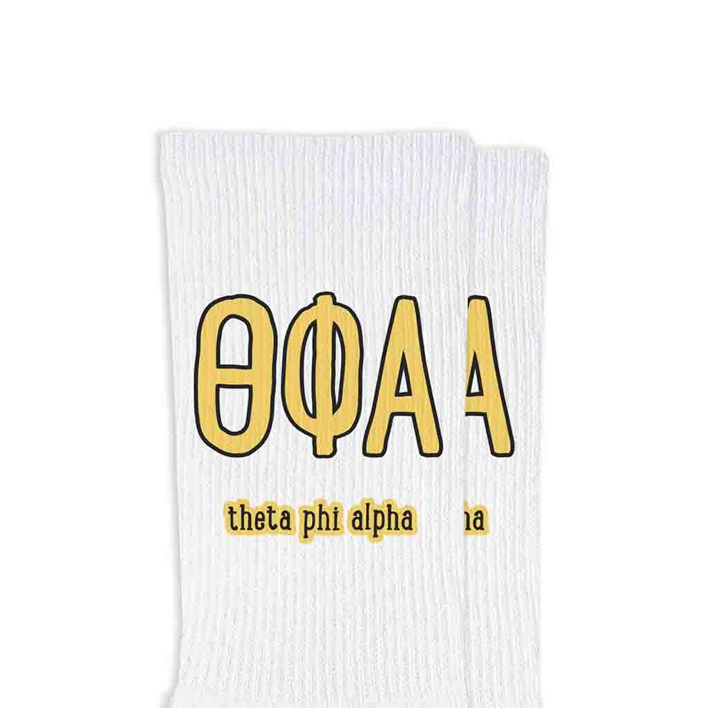 White Sorority Crew Socks with Name and Letters in Sorority Colors for wholesale on Faire23