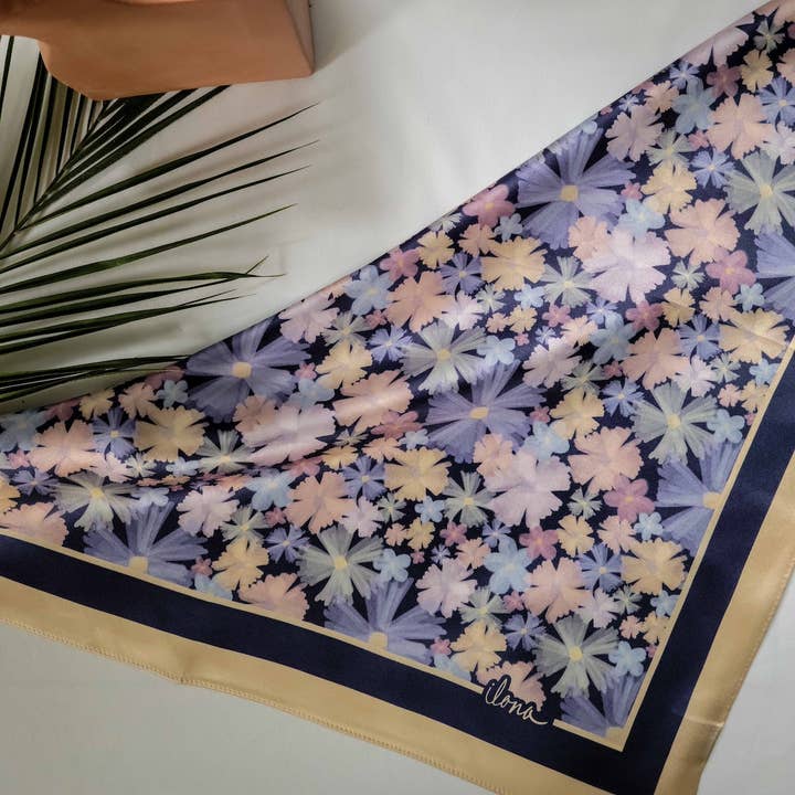 Hello Ilona - Wholesale Scarf - Women's - Painted Floral 100% Mulberry Silk Scarf - Purple1