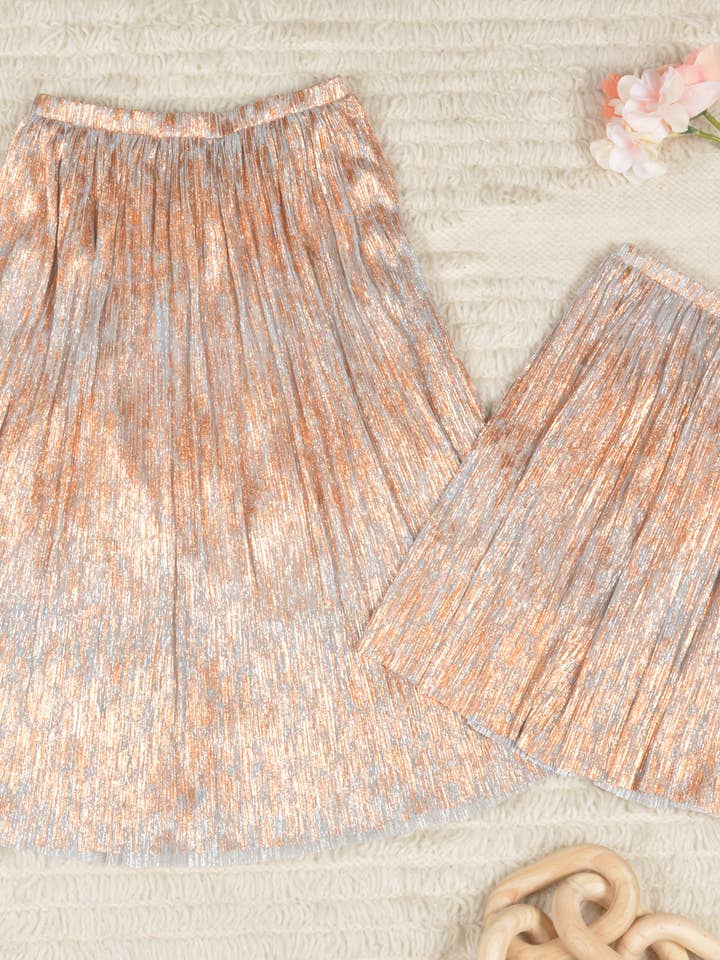 Rose Gold Metallic Pleated Chiffon Sparkly Midi Skirt Elastic Waist for wholesale on Faire