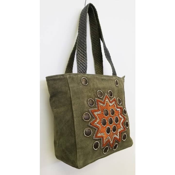 Ricki designs - Wholesale Tote Bag - Women's - LEATHER SUEDE TOTE BOHO EMBROIDERED