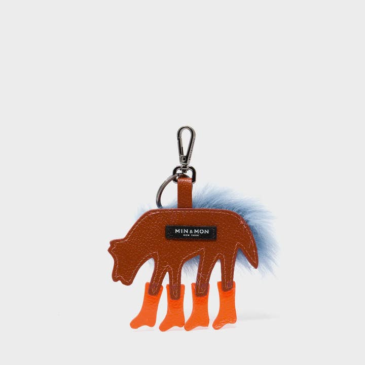 Min & Mon - Wholesale Keychain - Women's - Wolf In Heels Charm - Blue Faux Fur and Neon Orange Boots Keychain1