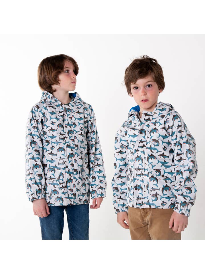 Oaki - Vendita all'ingrosso Impermeabile - Bambini - NUOVO! Cappotto antipioggia foderato 2.0, Shark Frenzy (taglia L)