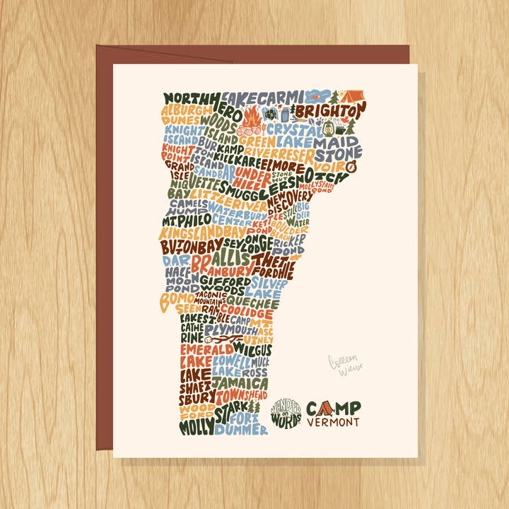 Carta Camp Vermont con lettere a mano, Vermont State Parks Card per la vendita all'ingrosso da parte di Wander On Words