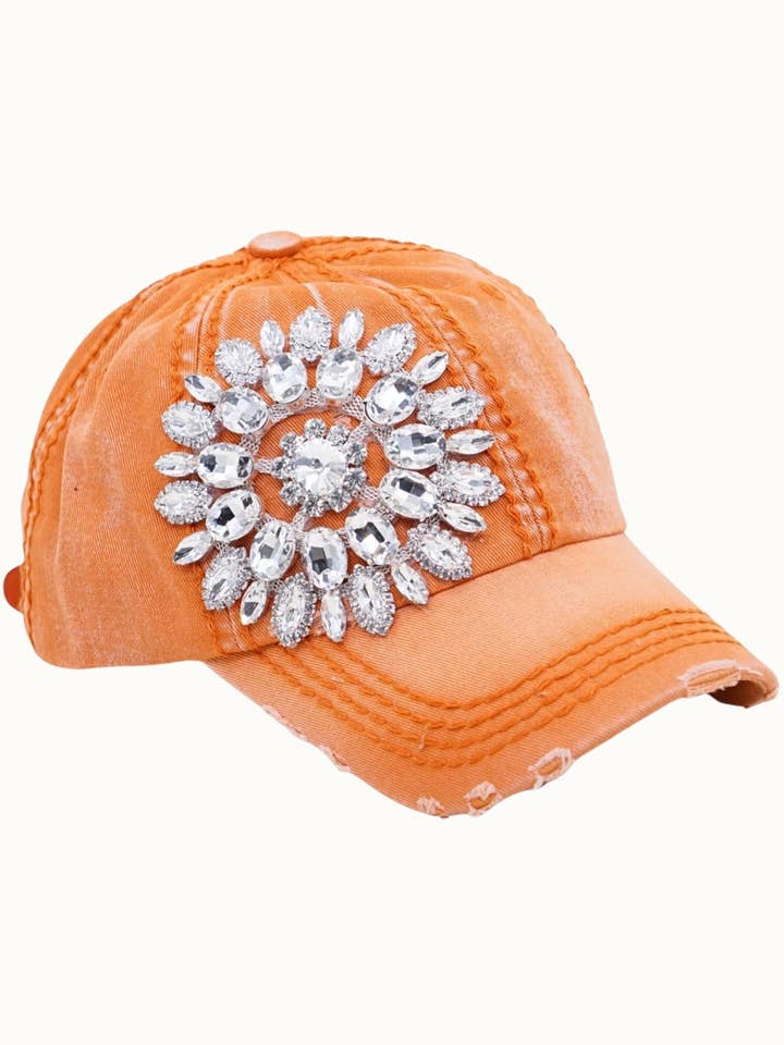 Sunflower Bejeweled Glitz Distressed Cap, Adjustable for wholesale by Olive & Pique